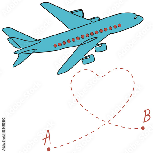 Airplane gaining altitude drawing. Travel and vacation time. Passenger aircraft in flat style. Vector illustration. Air plane flies in sky. From point A to point B.
