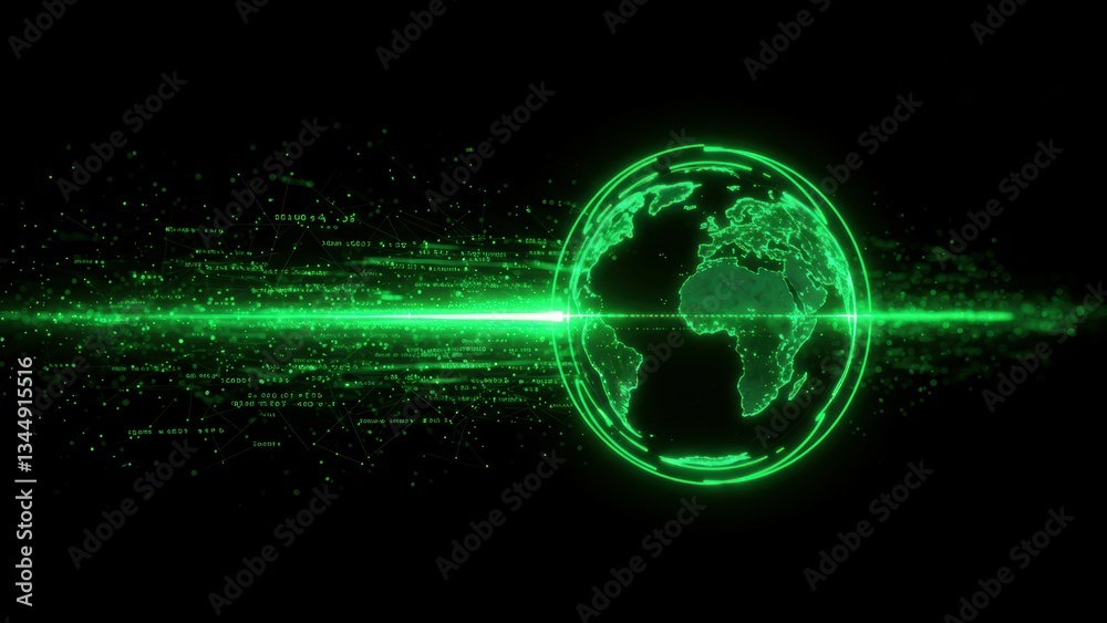 Obraz premium Green globe with data streams depicting earth and technology Represents digital communication, globalization, sustainability concepts