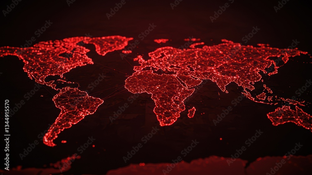 World map with red lights representing global network Connected data visualization showing cities and continents Concepts of technology and communication World map with red lights representing global network Connected data visualization showing cities and continents Concepts of technology and communication
