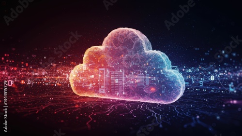 Futuristic cloud computing graphic with digital data streams Represents data storage, tech infrastructure, and digital transformation themes