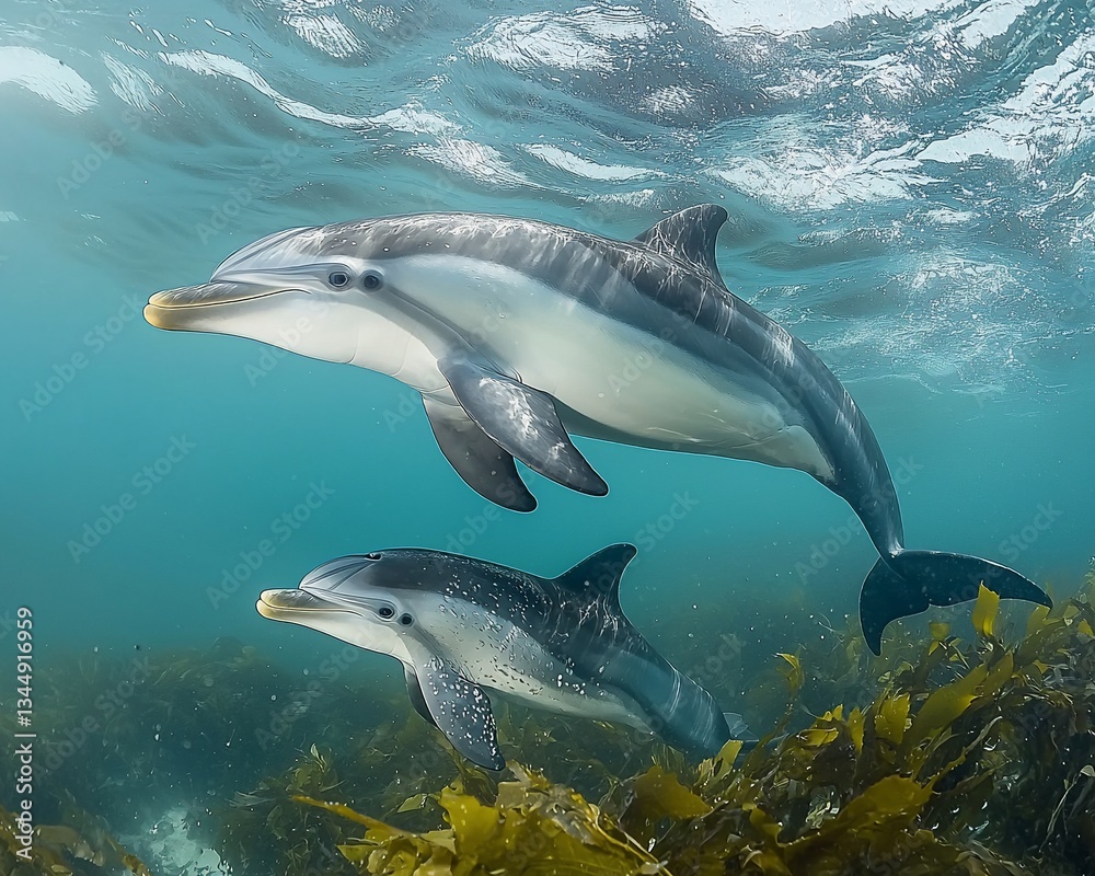 Obraz premium Two dolphins swimming in clear ocean water near kelp forest. (1)
