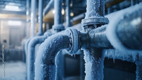 Close-up of frozen steel pipes in an ice factory, with cold air flowing through them and icy surfaces