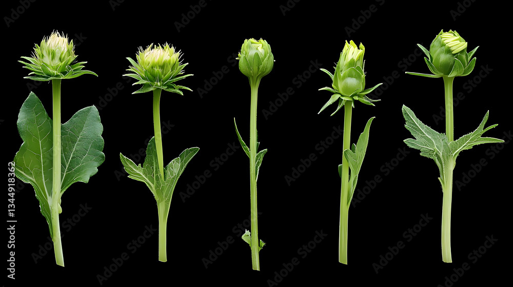 Naklejka premium Five Green Flower Buds In Various Stages On Black Background Close Up Isolated Studio Shot