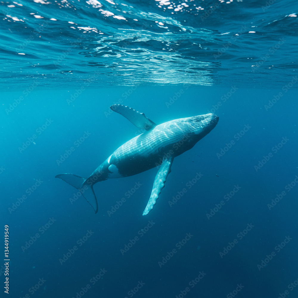 Obraz premium The camera slowly descends from the surface of the sea, following a huge whale as it gracefully dives into the deep sea,