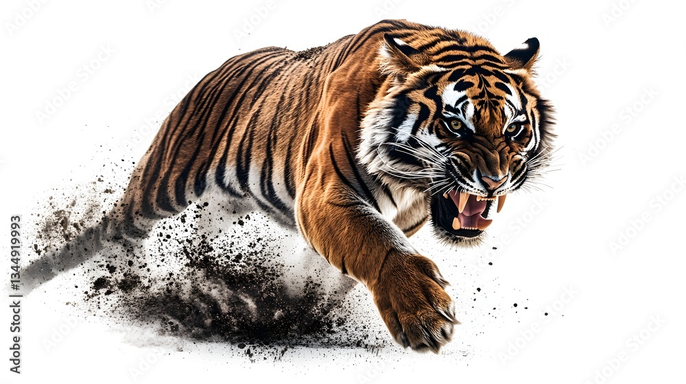 Obraz premium Running Tiger with Explosive Motion Isolated on White Background