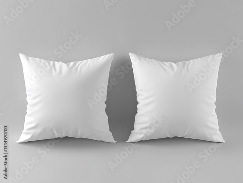 Two fluffy white pillows are resting on a gray surface