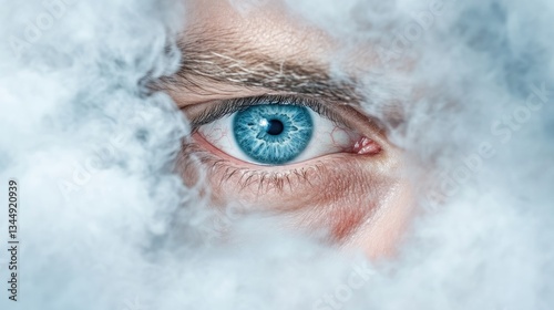 Close-up of a piercing blue eye hidden in mist
