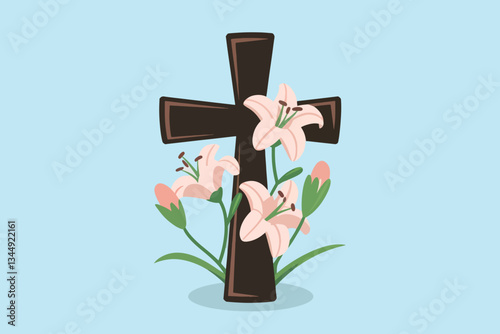 Cross with lilies, concept of easter and religion