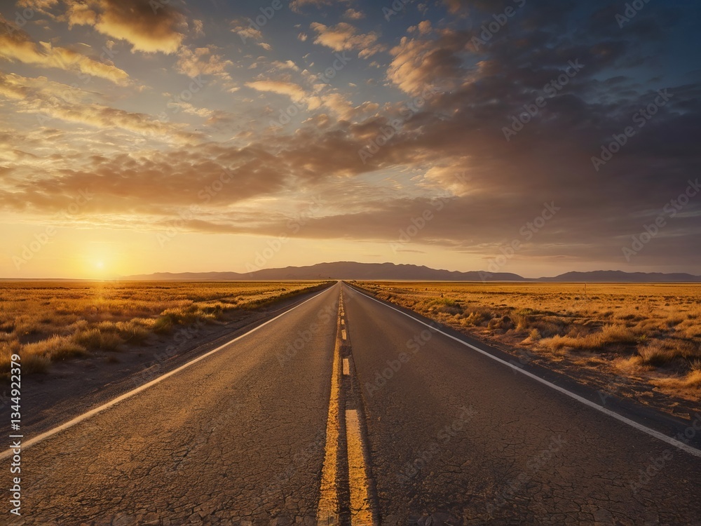 Naklejka premium Long empty road stretching into the horizon under a golden sunset