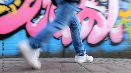 Woman Running Graffiti Wall Urban Action