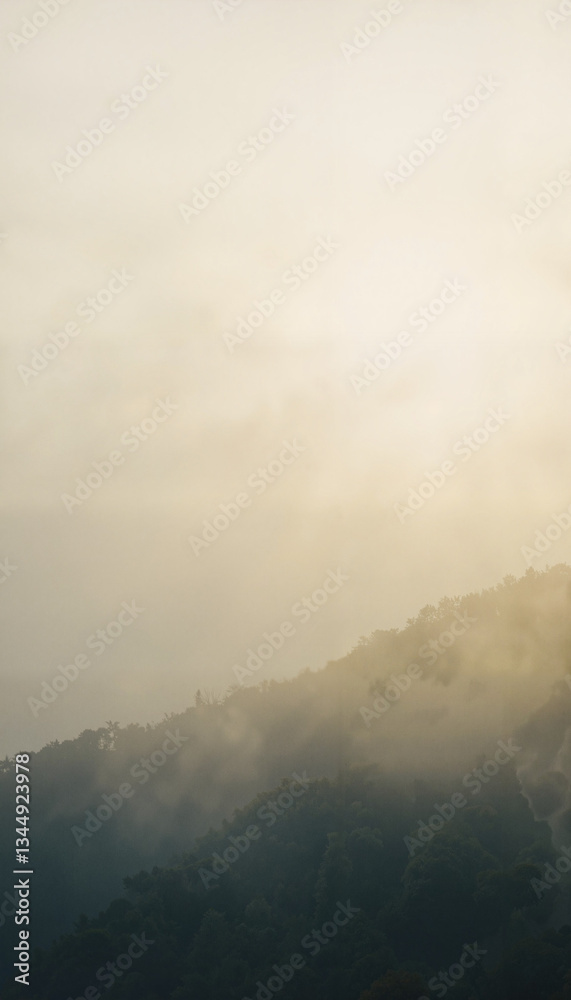 Fototapeta premium Ethereal fog veiling mountains at dawn, serene beauty