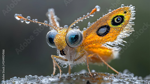 Macro Shot of a Butterfly Feeding on Nectar with Dew Drops on Its Colorful Wings