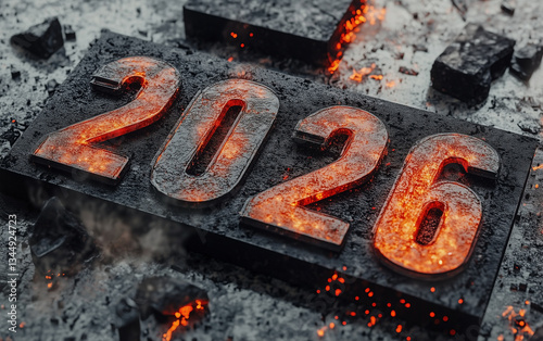 Obraz na płótnie Duże cyfry 2026 rok w płomieniach, Palące napisy 2026 w salonie