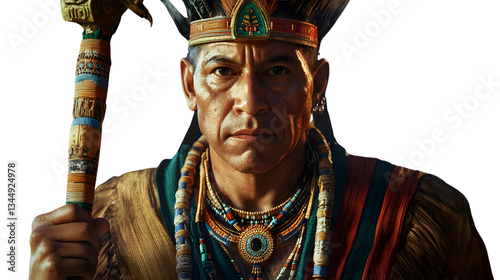 Closeup portrait of a Native Americaninspired figure holding a ceremonial staff photo