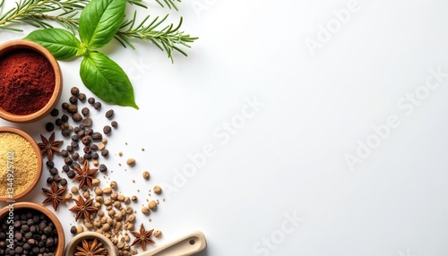 Fototapeta Naklejka Na Ścianę i Meble -  Assorted spices, herbs in wooden bowls displayed on white background. Rosemary, basil, star anise, pepper seeds. Cooking ingredients flat lay with copy space. Kitchen herbs, spices for delicious,