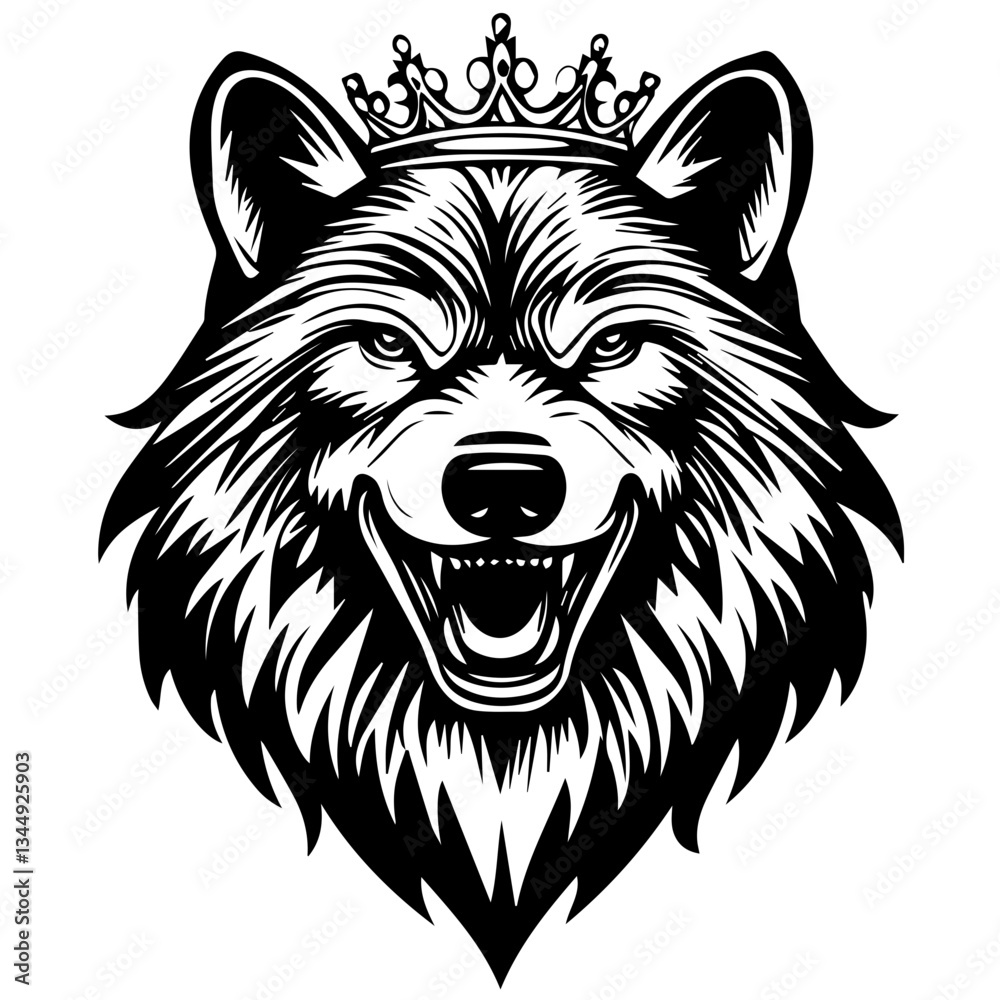 Obraz premium Monochrome Graphic of a Crowned Bear Head with Detailed Fur