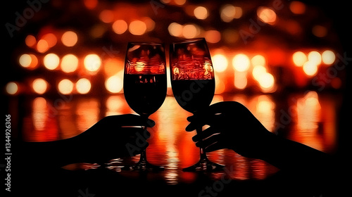 Couple toasting wine, romantic night, bokeh lights, celebration