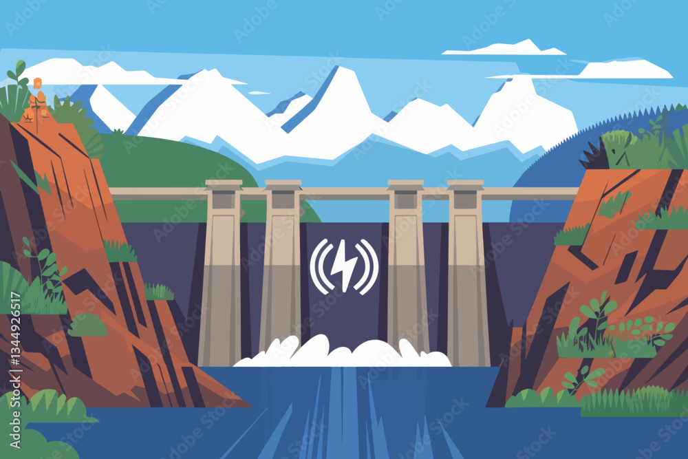 Hydroelectric dam with a symbol of energy, renewable energy concept