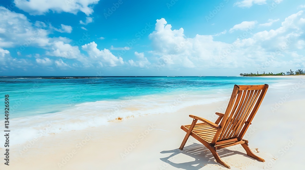 Tranquil Beach Escape: A Wooden Chair Facing the Turquoise Ocean Tranquil Beach Escape: A Wooden Chair Facing the Turquoise Ocean