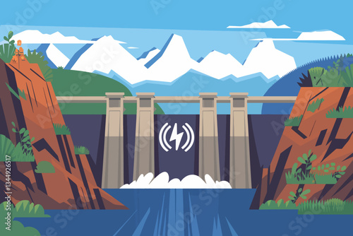Obraz na płótnie Hydroelectric dam with a symbol of energy, renewable energy concept w salonie