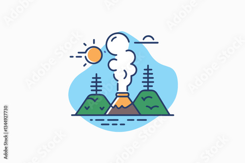 Geothermal energy icon with steam rising from the ground, renewable energy and sustainability concept