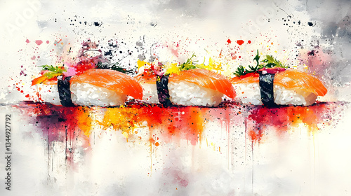 Artistic salmon sushi, restaurant, splash background, menu design
