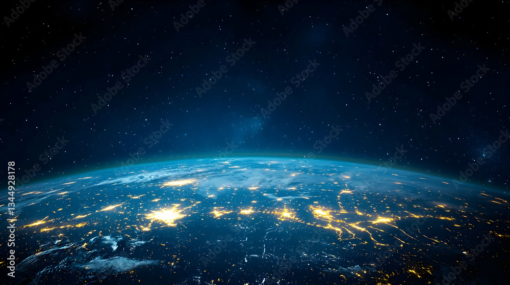 Obraz premium Blue Planet Earth Illuminated By City Lights Against a Starry Night Sky From Space