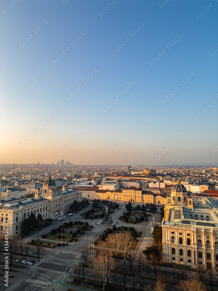 Fototapeta premium Vienna skyline with Maria-Theresien-Platz during sunrise, aerial view