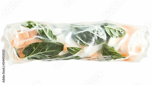 Fresh summer roll, vegetables, herbs, healthy food, white background, recipe