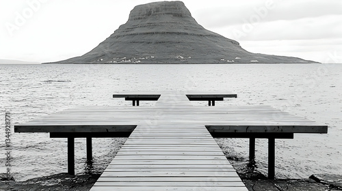 Island view from wooden dock, calm water, minimalist