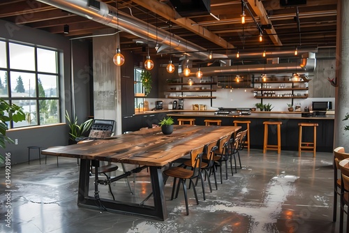 open space office with large wooden desk