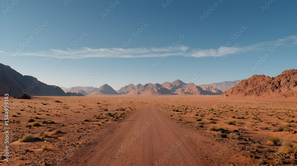 Naklejka premium Desert Path Leading To Mountains In Jordan
