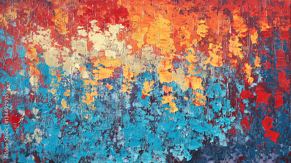 Obraz premium An abstract painting featuring vibrant shades of orange, blue, and yellow on a red, blue, yellow, and white background