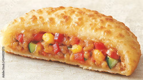 Savory vegetable pastry, halved, close-up shot, light background, food photography
