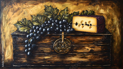 Still life grapes, cheese, wooden box