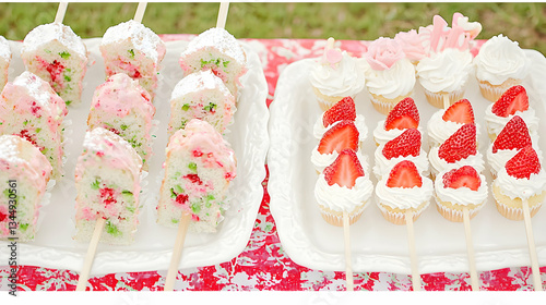 Strawberry cake pops and cupcakes on sticks, outdoor party