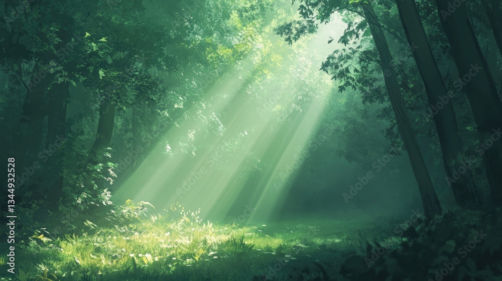 Obraz premium Serene Sunbeams Filtering Through Dense Green Forest Canopy in Ethereal Nature Scene