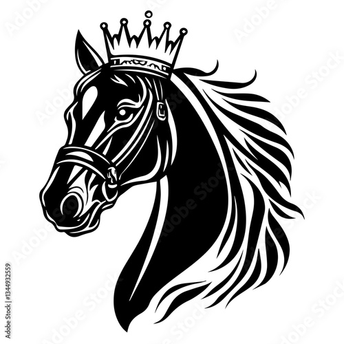 Monochrome Graphic of a Crowned Horse Head with Bridle and Flowing Mane

