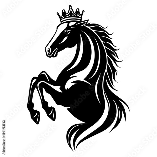 Monochrome Graphic of a Crowned Horse Head with Bridle and Flowing Mane

