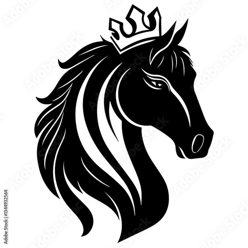 Monochrome Graphic of a Crowned Horse Head with Bridle and Flowing Mane

