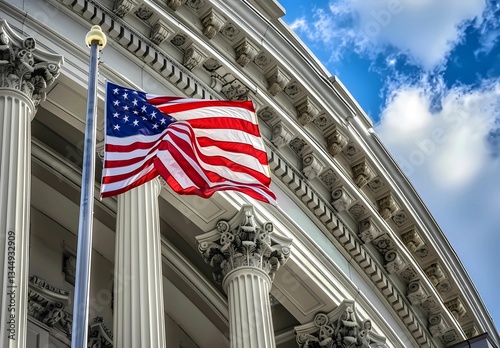 the united states flag flies in front of the building