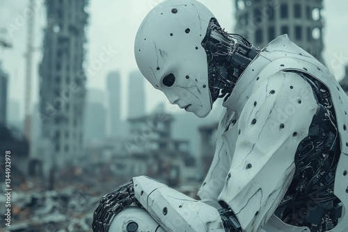 Robot reflecting on its existence in a futuristic urban setting with remnants of a destroyed cityscape nearby