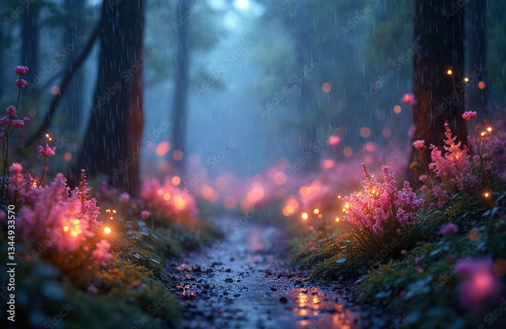 Fototapeta premium Fantasy forest scenery with soft rain. Pink flowers with glowing lights on wet ground. Magic enchanted woodland with floral ground cover, fairytail atmosphere, dark tree trunks, magical mood, nature