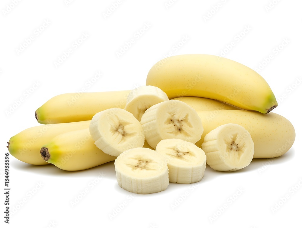 Yellow bananas whole and sliced are on a white background Yellow bananas whole and sliced are on a white background