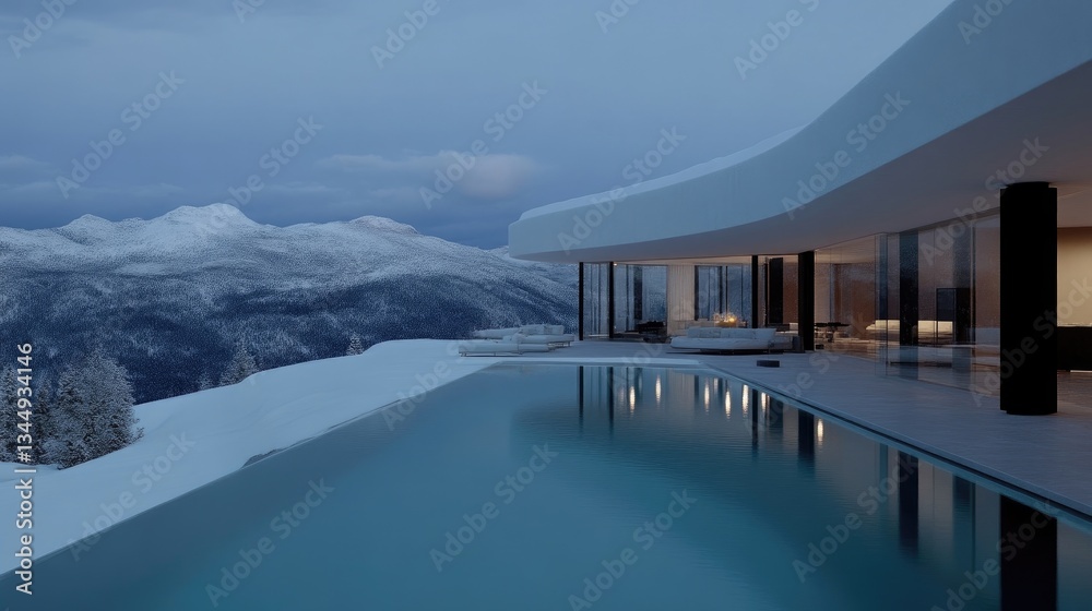 Fototapeta premium Modern, snow-capped mountain home with infinity pool. Panoramic views