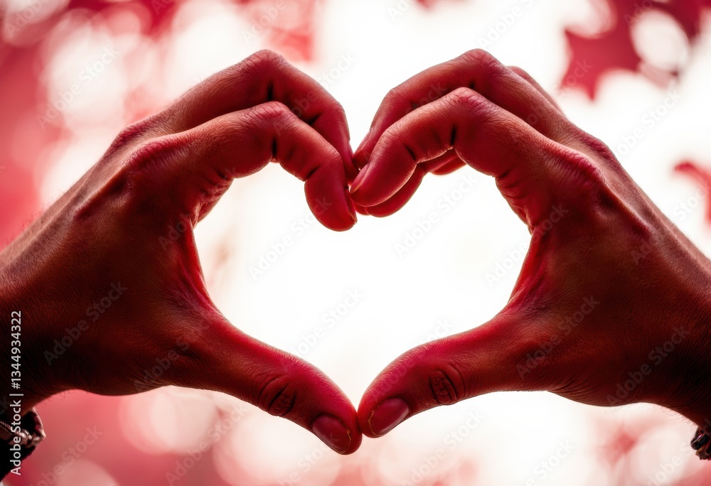 Fototapeta premium Hands forming a heart shape against a blurred red background