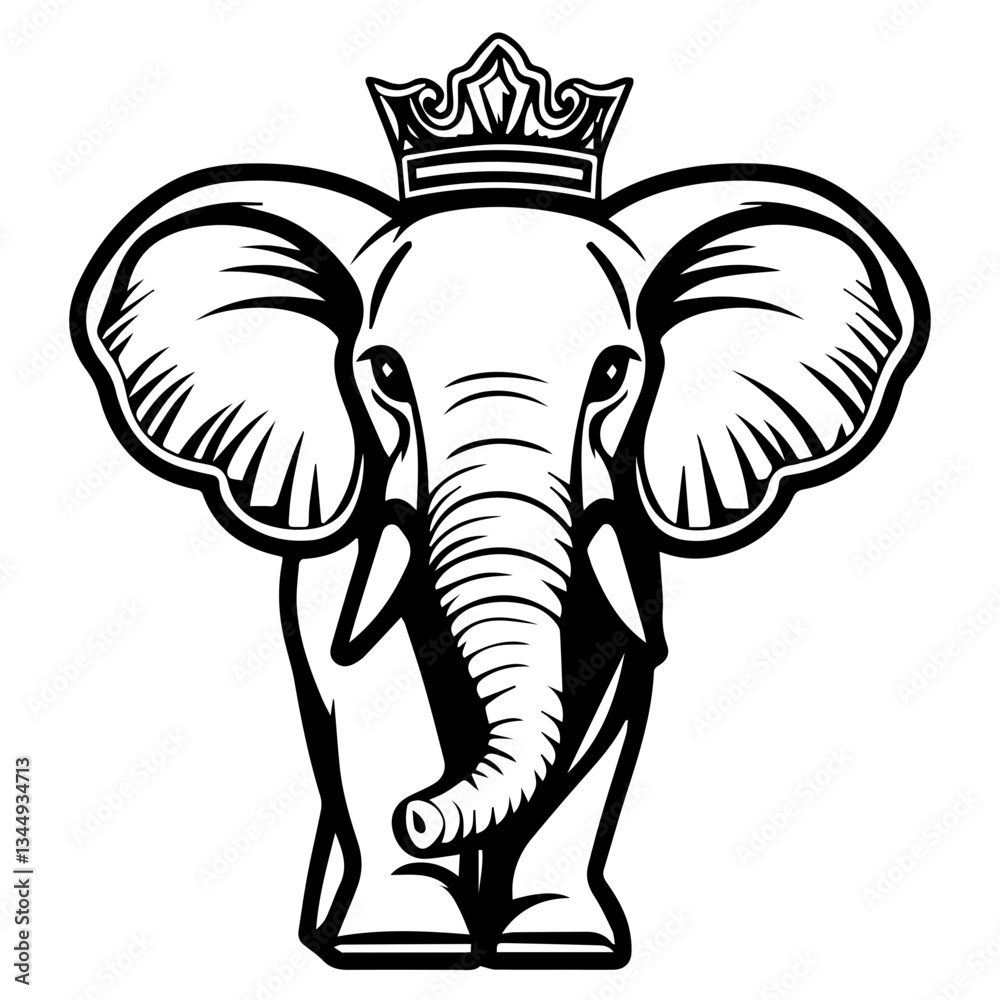 Obraz premium Monochrome Graphic of a Crowned Elephant Standing with Tusks