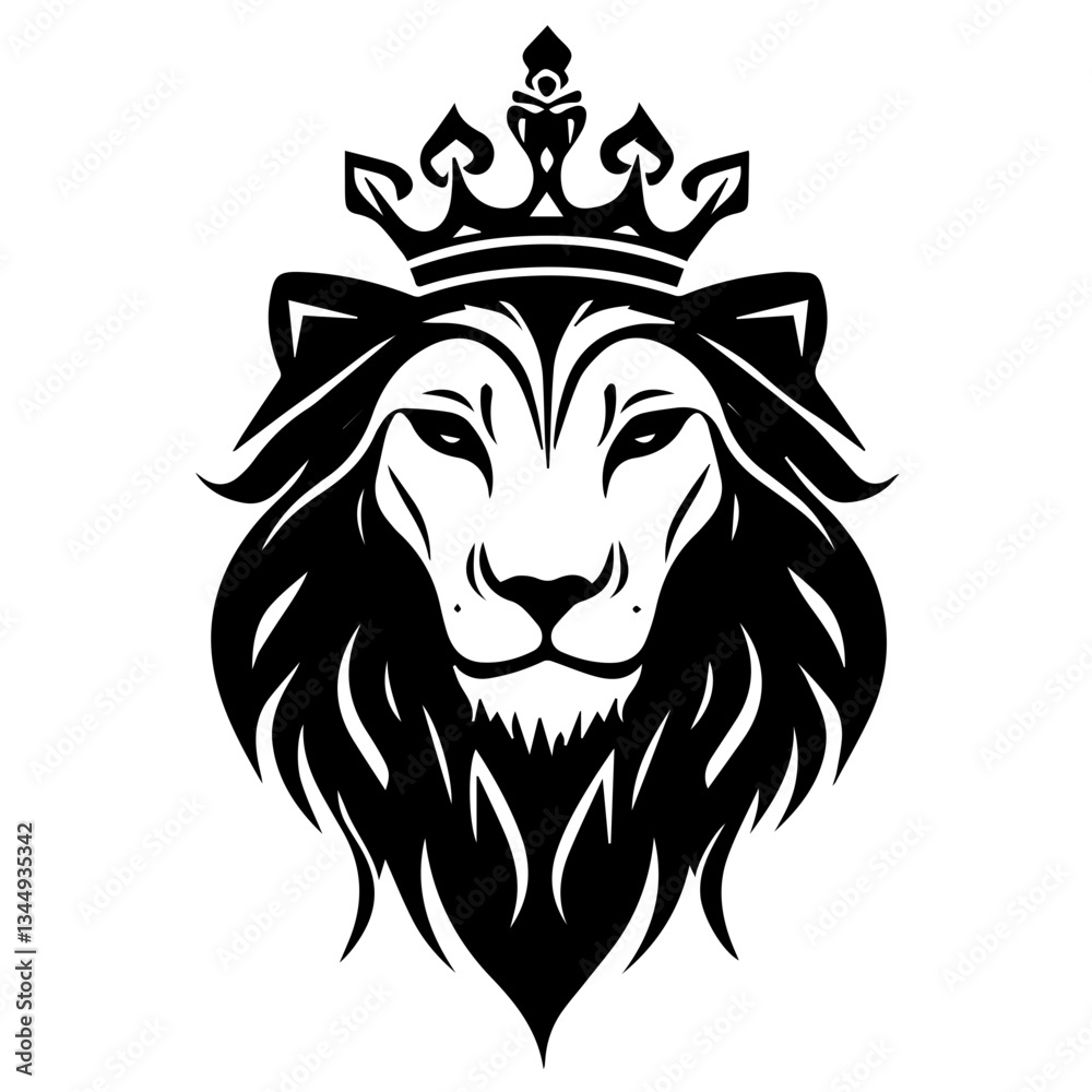 Fototapeta premium Monochrome Graphic of a Crowned Lion Head in Profile