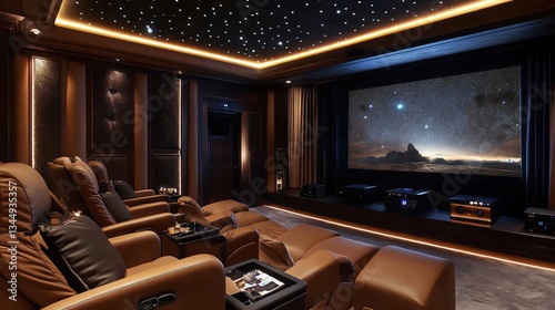 Luxury Home Theater: a plush home theater with leather recliners, soft ambient lighting, a state-of-the-art sound system, and a large projector screen, creating a cinematic experience at home