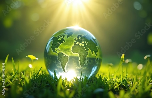 Glass globe lies on green grass under bright sun. Symbol of nature, ecology, environment, sustainability, conservation, natural resources, climate change awareness and eco-friendly lifestyle.